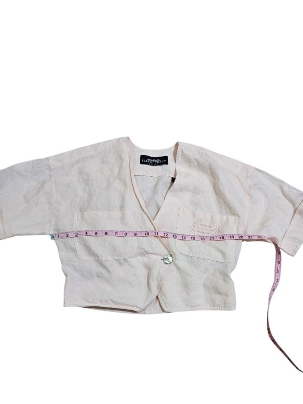 Linda Allard For Ellen Tracy Petite 10 Linen Crop Top Pink Embroidered Preppy - Picture 7 of 8